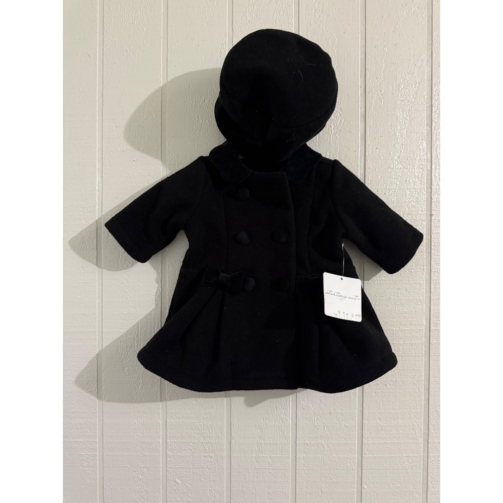 Starting Out Baby Girls Black Velvet Trim Pea Coat and Hat Set 3M NWT